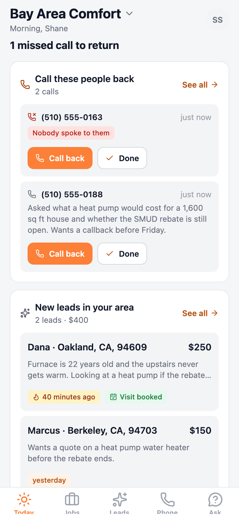 Resolv Rebates for iPhone showing callbacks, leads, and today's work